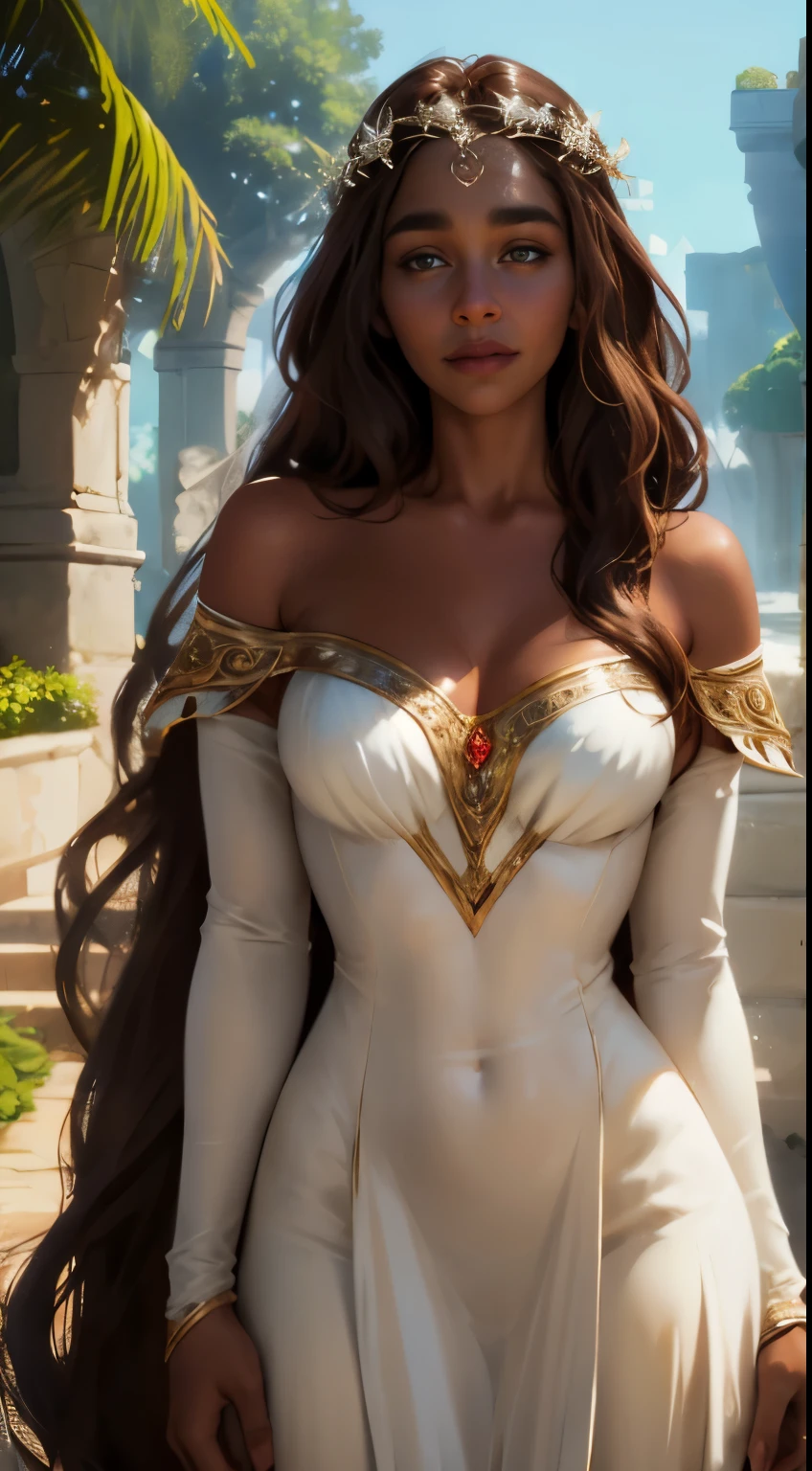 high level of detail, best quality, masterpiece, 1girl, garnet-smf, jewelry, solo, necklace, dress, long hair, tiara, breasts, brown eyes, gloves, brown hair, elbow gloves, cleavage, bare shoulders, medium breasts, white dress, strapless, wedding dress, white gloves, lips, strapless dress, princess ,lips, black hair, skin tight, cowboy shot, collarbone, low-tied long hair, outdoors, castle, clouds, garnet from final fantasy 9, (masterpiece, best quality:1.2),(8k,highres,RAW photo,realistic,photo-realistic:1.3),(detailed skin texture,detailed cloth texture,beautiful detailed face:1.25),professional lighting,photon mapping,beautiful soft light,radiosity,physically-based rendering,model shoot style, model shoot style, (extremely detailed CG unity 8k wallpaper), full shot body photo of the most beautiful artwork in the world, complex 3d render ultra detailed, looking at viewer, 18 yo, wet hair, real human skin, vibrant details, hyperrealistic, beautiful, octane render, 8k, best quality, masterpiece, an extremely delicate and beautiful, extremely detailed ,CG ,unity ,wallpaper, (realistic, photo-realistic:1.37),Amazing, finely detail, masterpiece,best quality,official art, extremely detailed CG unity 8k wallpaper ,extreme detailed eyes, (perfect face), shiny skin, colorful, highest detailed, vibrant colors, ultra high res, (high contrast), intricate, lens flare,