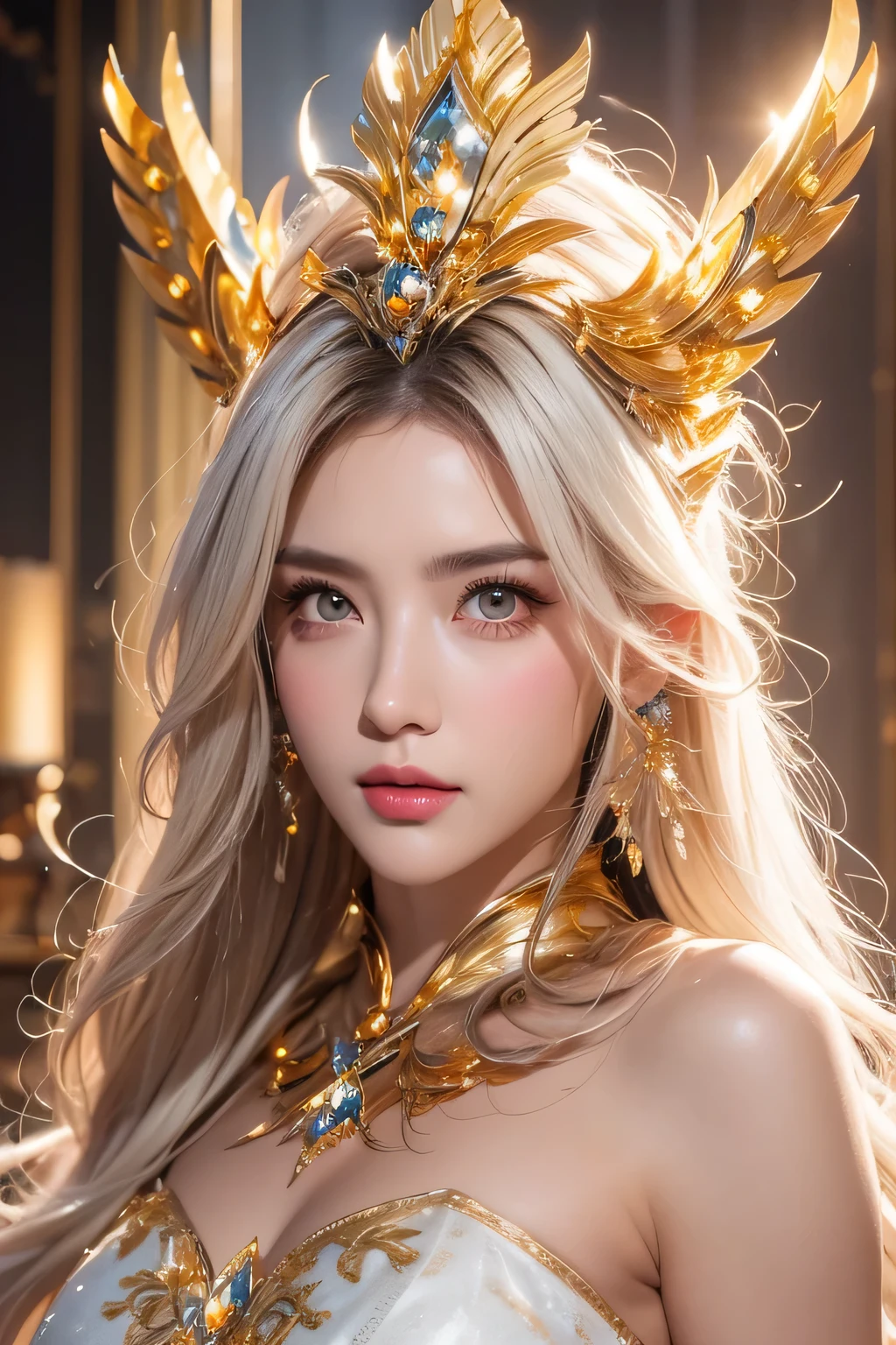 High-quality work，Realistic works，Super premium graphics，8K HD CG works，high quality graphics，High-definition and exquisite CG works，10x pixels，Ultra-fine details：1.1，Advanced technical details：1.1Realistic photo effects，Interior lighting effects：1.5，natural soft light：1.5. Light effect（Virtual light effects：1.8），ultra high resolution，shining dress，sliver long hair，silber hair，transparenthair，high detailed hair（Quality hair details：1.1）Clear eyes，Double eyelids look good，Sharp eye makeup, Create exquisite eyelash makeup, tthin eyebrows, Ultra-detailed eyes，a tall nose, lovely red lips, rosey cheeks, With delicate makeup on her face , pretty face, The face shape is perfectly proportioned,（Advanced facial details：1.1）(Best Quality), Princess Bath, (Saint Seiya|Crystal: 1.5), Dynamic Pose, (Five Color Crystals: 1.6), ((Masterpiece)), (Detail: 1.4), , Panorama, Wide Angle, Cinema Lighting, (Gold|White: 1.5), Glow Special Effects, Solo, Laser Sword, Textured Skin 3D, HDR, Highest Image Quality 16K, Best Quality, Crazy Details, David La Chapelle Style Lenses, Professional RAW Color Photos, Masterpiece from Canon EOS R6 Shooting, Ray tracing, surrealist detailing, unrealistic engine style，Women's artwork，Dress full body video，Realism，Amazing Cleavage，My eyes are very bright today
