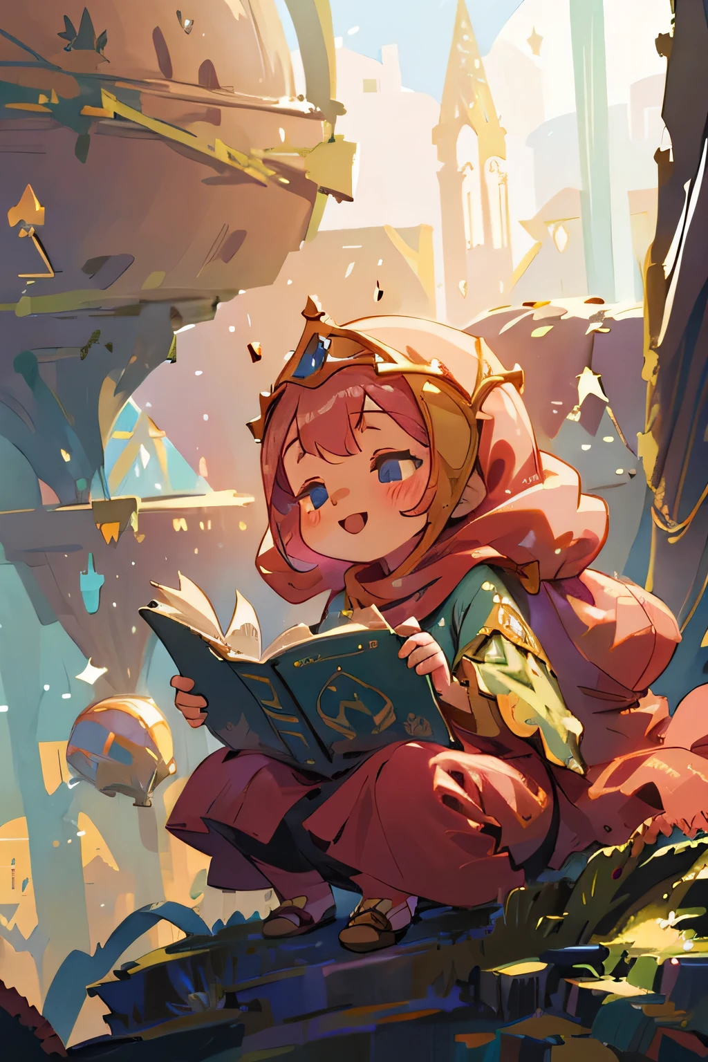 A little hijab girl in the castle library, Watercolor, wearing tiara, full body view, perfect quality, illustration, watercolor, (masterpiece: 1.2) (Bokeh background) (Best quality) (Detailed Skin: 1.3) (Intricate Details) (8K) (Detail Eyes) (Sharp Focus), (Happy), best lighting, reading a map,