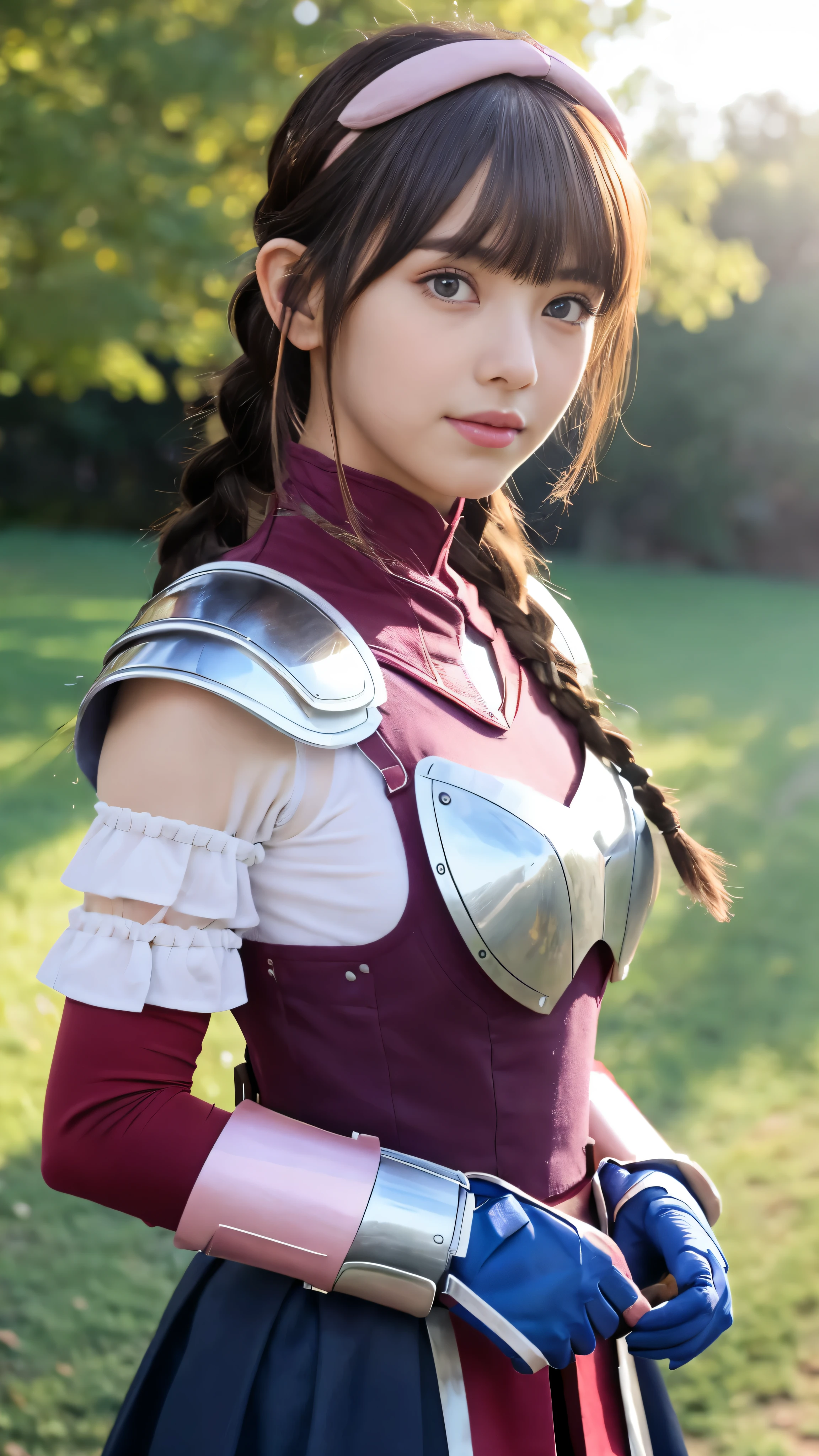 lapis fe, 1girl, solo, looking at viewer, blush, bangs, gloves, upper body, braid, hairband, outdoors, parted lips, sky, day, hand up, pink eyes, armor, tree, covered navel, blurry background, hand on own chest, shoulder armor, side braid, breastplate, red armor