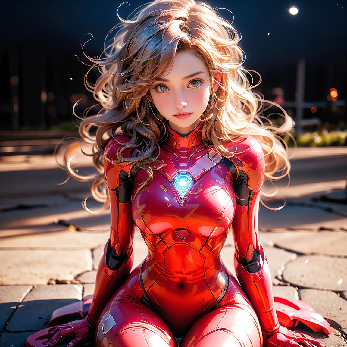 8K, very cute russian 12 years old girl, smile, blonde hair, ironman, cosplay, bikini