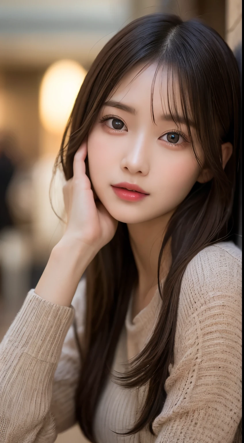 table top, highest quality, shape, Super detailed, finely, High resolution, 8k wallpaper, 完璧なダイナミックな構shape, beautiful and detailed eyes, Nice spring clothes,beautiful straight hair,small breasts,natural color lip, 20 year old girl、cute、sexy shot looking at camera,Always blur the background,perfect and beautiful face,Beautiful and dense face、slim face and style,Big eyes、Do gal makeup,real photos（best image quality）、sexy face、Fashion magazine model pose、Photograph only the face、Trendy fashion models for spring 2024（long sleeve）、You are a top fashion model。Please show me your best smile