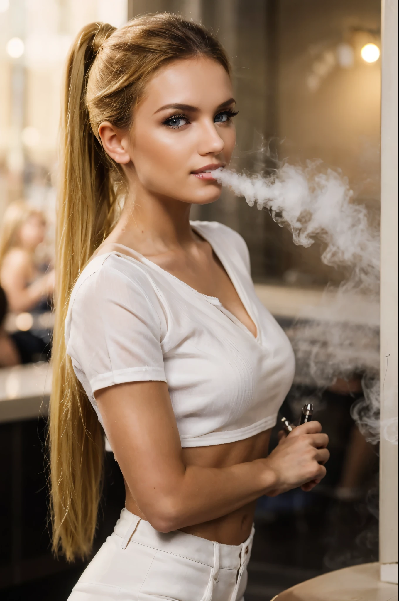 masterpiece, best quality, extremely detailed, hyperrealistic, photorealistic, a beautiful 20s french model:1.2, ultra detailed face:1.2, airport, in the night, smoking, white crop shirt:1.1, high ponytail, blonde hair, pale skin, busty breasts, sly smile:1.1, contrapposto

