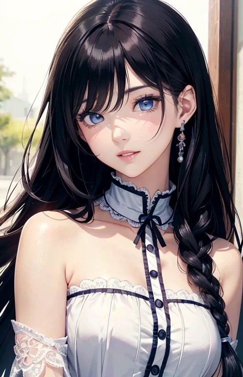 masterpiece、highest quality、High resolution、high quality images、8K, 1 female、skin luster、Texture of skin and clothing、Expression of fine eyes、glossy black hair,Girl with long braided hair, Manga inspired by Lee Jong-suk, trending on deviantart, realism, detailed manga style, manga art style, perfect line drawing, beautiful line drawing, digital manga art girl, K-POPアイドル, dress, beautiful blue eyes, plump lips, detailed gorgeous face, (cute smile), charm, innocent, Side view, (perfectly detailed face), (fine hands) photorealistic images, Depth of written boundary, Princess Hairstyles, tulip, one piece,wonderful flower garden,美しいtulip,romanticism,
