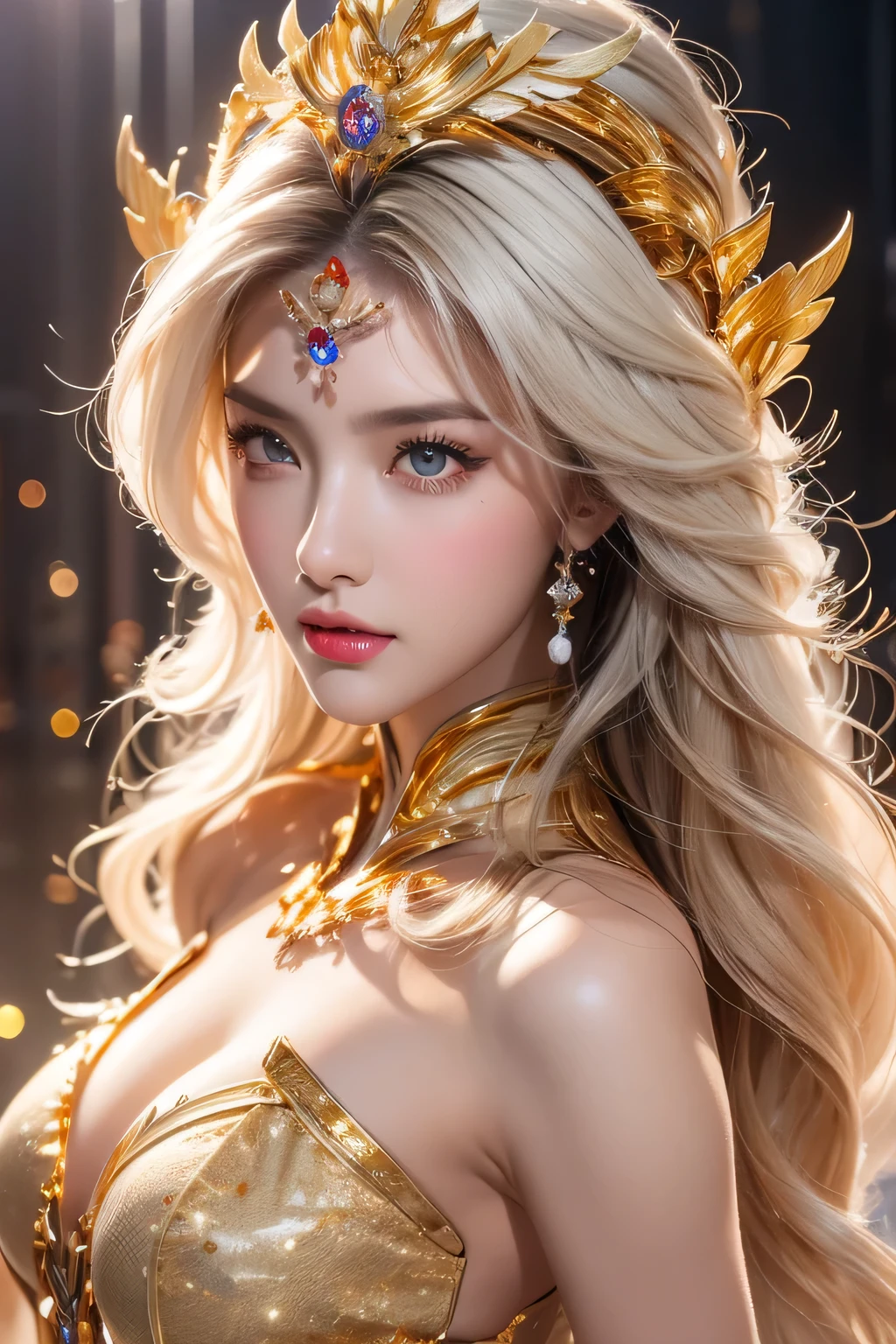 Super detailed,Realistic,goddess,Beautiful details in the eyes,Beautiful lip detail,flowing golden hair,Sparkling Decoration,Mysterious Aura,Otherworldly beauty,Graceful posture,Sacred Light,A powerful presence,Surroundings of Paradise,Bright colors,Fairytale atmosphere,Shining Sparkle,Calm expression,Transcendent Energy,Supreme Being,Mythical figures,Queen of Heaven,Strengthen your spirit,God Unleashed,壮大なgoddess,The Sacred Feminine,Unparalleled elegance, A commanding presence,Captivating Gaze,Magical atmosphere,Peaceful tranquility,Awe-inspiring brilliance,God's Grace,Majestic Power,Eternal Silence,Magical Charms,天のgoddess,Captivating beauty,Sublime perfection,Dreamy atmosphere,Captivating beauty,Heavenly Divinity、Facing forward and smiling