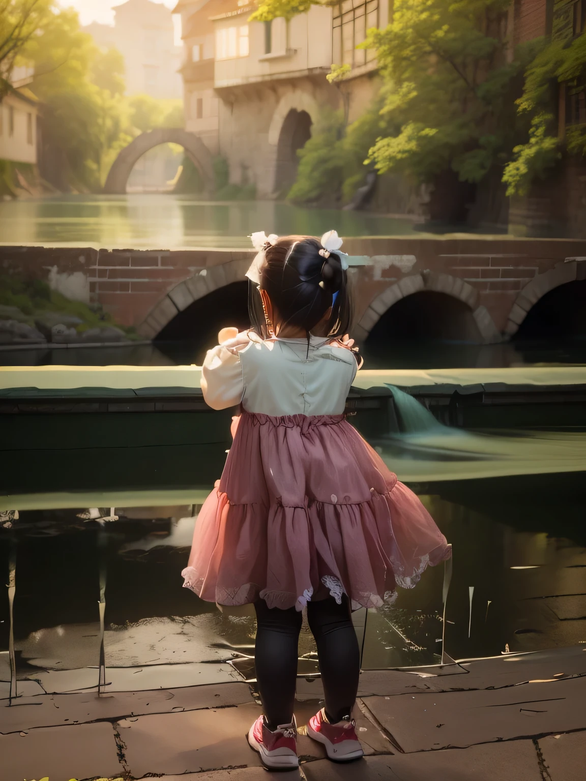 There is a standing on the bridge, White stone arch bridge, A girl wearing Hanfu, little girleautiful pink , 2 years old, at the waint stone arch bridge (white stone arch bridge), a green river, on the other side of the river are ancient Chinese buildings, (ancient Chinese buildings (white tiles, gray brick walls))
