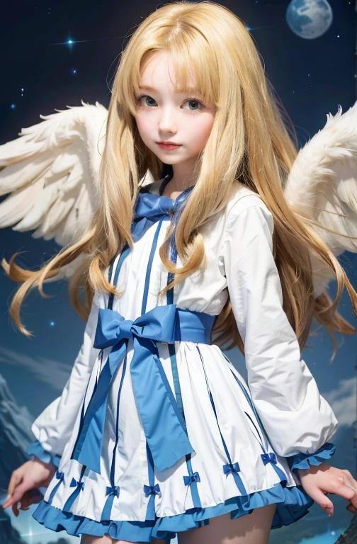 filo, anime style girl, upper body, 1girl, solo, happy, white wings, hite dress, blue bow, long hair, blue eyes, looking at viewer, parted bangs, bent over, arms behind back, highest quality, high resolution.