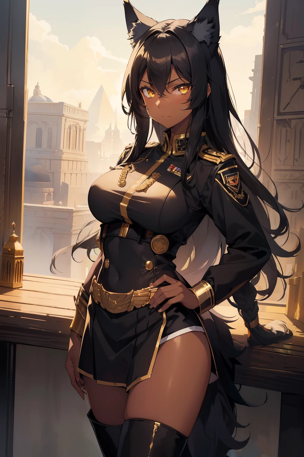 (masterpiece, best quality:1.2), illustration, 8k, hd, 1girl, solo, 1girl, ((tan, dark skin, black hair, wolf ears,)) Egyptian girl, military uniform, yellow eyes, looking at viewer, roguish smirk, long hair, large breasts, desert, thigh high boots, standing, black skirt, cowboy shot, golden palace,