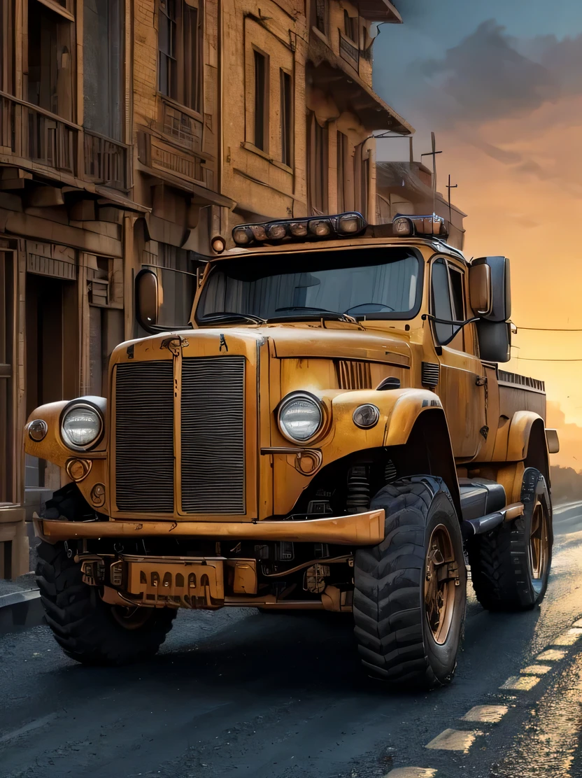 ((masterpiece、highest quality、genuine、Super detailed、High resolution、photorealistic、sharp focus、Live shooting、cinematic lighting))、((vehicle focus、there are no humans))、Six-wheeled giant truck、On a paved road、Abandoned city at dusk、spark、steampunk