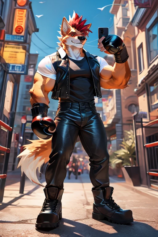 Furry, anthropomorphic wolf, orange fur, red hair, mohawk hairstyle, red eyes, 6'7 and 233, 50" Chest, 21" Shoulders, 17" Biceps, 36" Waist, 25" thighs, 17" calves, 20" back, taking selfie, wearing black leather vest, wearing white t-shirt with sleeves ripped off, wearing black leather pants, wearing black leather boots, wearing black bandana around forehead, wearing Scarlet boxing gloves, smiling, in the city