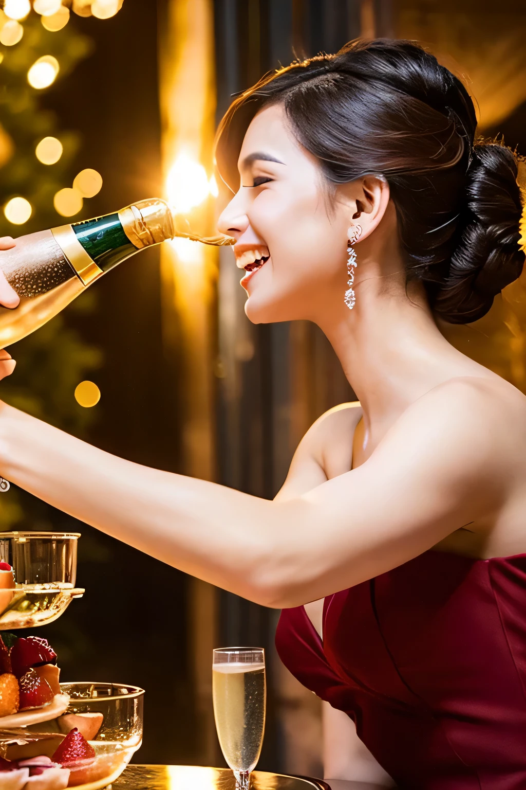 lady celebrity cheers champagne tower men and women