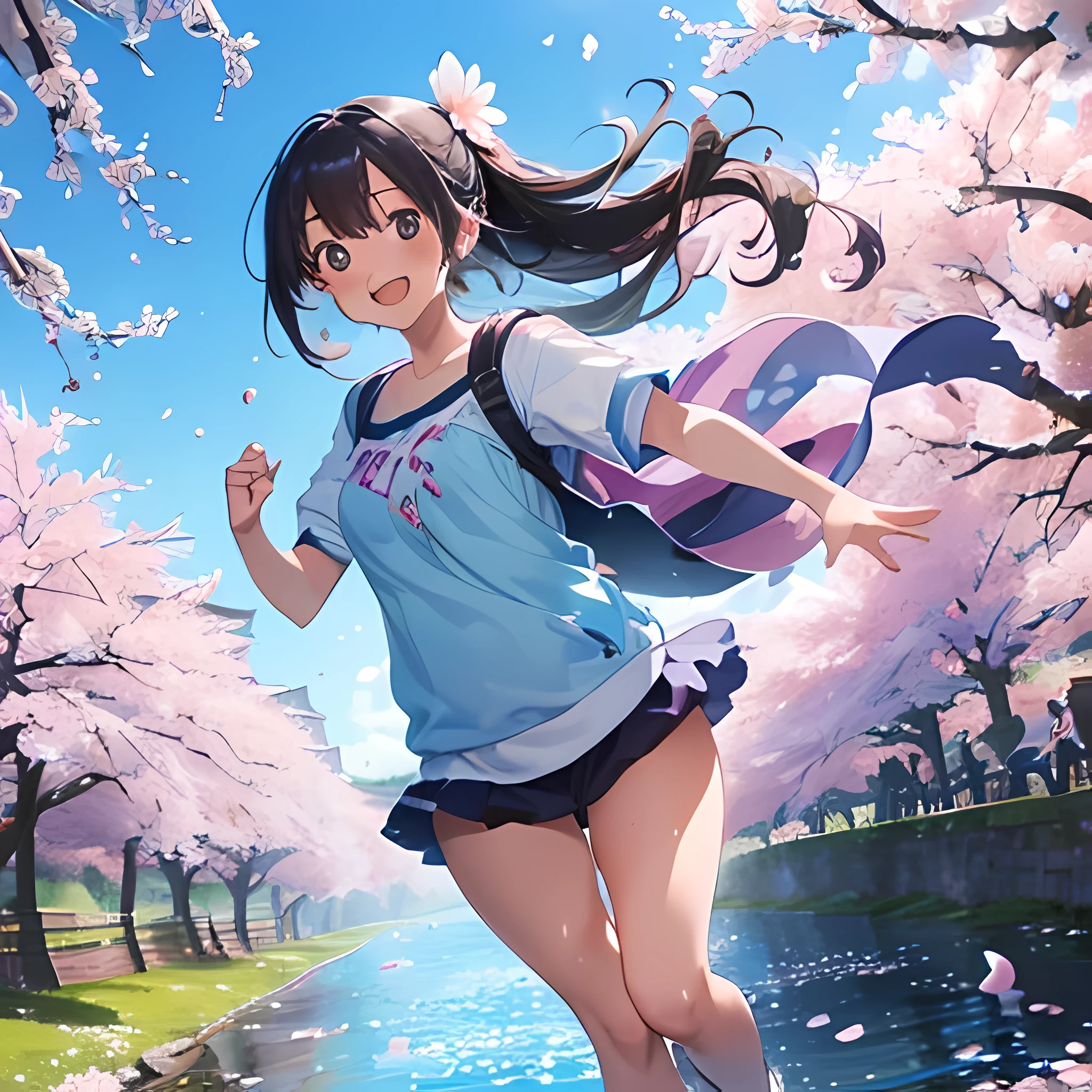highres, extremely details, best quality, 32k, 8K wallpaper,4K digital animation art.1girl, A girl who loves spring. (blue color theme:1.3), Full body illustration, detailed eyes, (she running along with large gesture and a riverbed lined with cherry blossoms:1.3),(Unrealistic cherry blossom petals swirl around her:1.5),(She has super happy dreams and a hopeful smile:1.3),An illustration that lets you feel the refreshing smell and cheerfulness of spring, she has a big smile, Rainbow glow and perfect blue sky and dramatic light-masterpiece, Perfect dream and getting a hope, Dynamic angle movie.