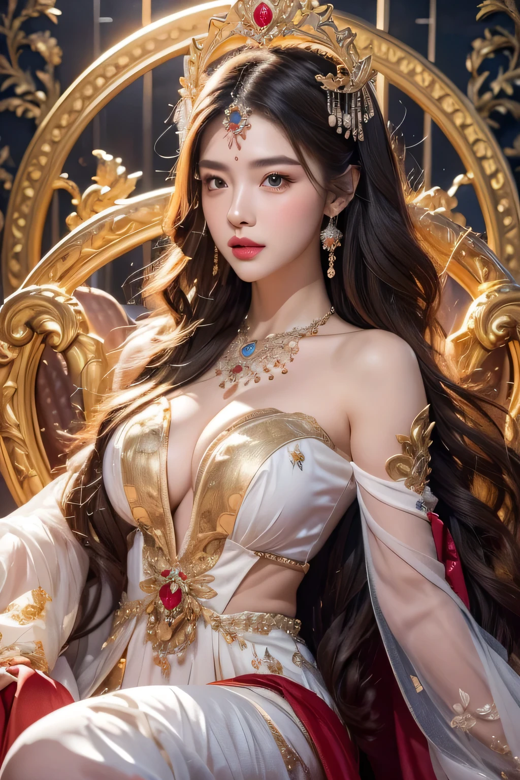 High-quality work,Realistic works,Super premium graphics,8K HD CG works,high quality graphics,High-definition and exquisite CG works,10x pixels,Ultra-fine details:1.1,Advanced technical details:1.1Realistic photo effects,Interior lighting effects:1.5,natural soft light:1.5. Light effect(Virtual light effects:1.8),ultra high resolution,shining dress,sliver long hair,silber hair,transparenthair,high detailed hair(Quality hair details:1.1)Clear eyes,Double eyelids look good,Sharp eye makeup, Create exquisite eyelash makeup, tthin eyebrows, Ultra-detailed eyes,a tall nose, lovely red lips, rosey cheeks, With delicate makeup on her face , pretty face, The face shape is perfectly proportioned,(Advanced facial details:1.1)A Chinese girl sitting on a throne, a throne encrusted with precious stones, surrounded by Chinese phoenix beasts, gold and ruby color, unique monster illustration, Dau al set, high resolution, a painting, dense composition, playful repetition, precious stones, crystals, gold, detailed paintings, unique monster illustrations, super fine details, realistic, super high resolution, complex, super detail, (skin dents), cute, feminine, detailed body, (Detailed face: 1.1), (contoured iris), (watercolor lenses), (perfect eyes), 4k, gorgeous, (masterpiece: 1.2), (best quality: 1.2), gorgeous long dress, dynamic pose, rich colors, film light and shadow,red and golden clothes,Women's artwork,Dress full body video,Realism,Amazing Cleavage,My eyes are very bright today
