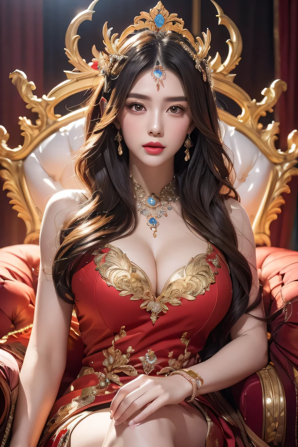 High-quality work,Realistic works,Super premium graphics,8K HD CG works,high quality graphics,High-definition and exquisite CG works,10x pixels,Ultra-fine details:1.1,Advanced technical details:1.1Realistic photo effects,Interior lighting effects:1.5,natural soft light:1.5. Light effect(Virtual light effects:1.8),ultra high resolution,shining dress,sliver long hair,silber hair,transparenthair,high detailed hair(Quality hair details:1.1)Clear eyes,Double eyelids look good,Sharp eye makeup, Create exquisite eyelash makeup, tthin eyebrows, Ultra-detailed eyes,a tall nose, lovely red lips, rosey cheeks, With delicate makeup on her face , pretty face, The face shape is perfectly proportioned,(Advanced facial details:1.1)A Chinese girl sitting on a throne, a throne encrusted with precious stones, surrounded by Chinese phoenix beasts, gold and ruby color, unique monster illustration, Dau al set, high resolution, a painting, dense composition, playful repetition, precious stones, crystals, gold, detailed paintings, unique monster illustrations, super fine details, realistic, super high resolution, complex, super detail, (skin dents), cute, feminine, detailed body, (Detailed face: 1.1), (contoured iris), (watercolor lenses), (perfect eyes), 4k, gorgeous, (masterpiece: 1.2), (best quality: 1.2), gorgeous long dress, dynamic pose, rich colors, film light and shadow,red and golden clothes,Women's artwork,Dress full body video,Realism,Amazing ,My eyes are very bright today