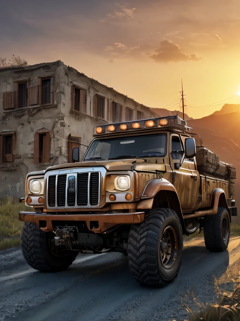 ((masterpiece、highest quality、genuine、Super detailed、High resolution、photorealistic、sharp focus、Live shooting、cinematic lighting))、((vehicle focus、there are no humans))、Six-wheeled giant truck、On a paved road、Abandoned city at dusk、spark、steampunk