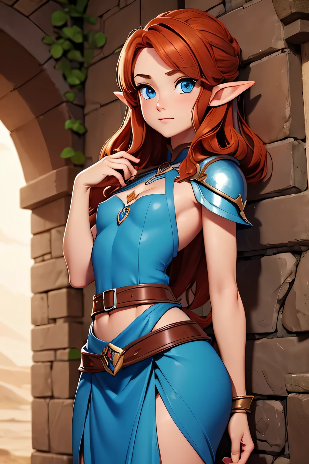 ((Masterpiece)) ((Perfect Face)) ((Beautiful)) ((Small Breasts)) ((Narrow Waist)) ((Wide Hips)) ((Elf Woman)) ((Fantasy Armor)) ((Split Skirt)) ((Auburn Hair)) ((Blue Eyes)) 
