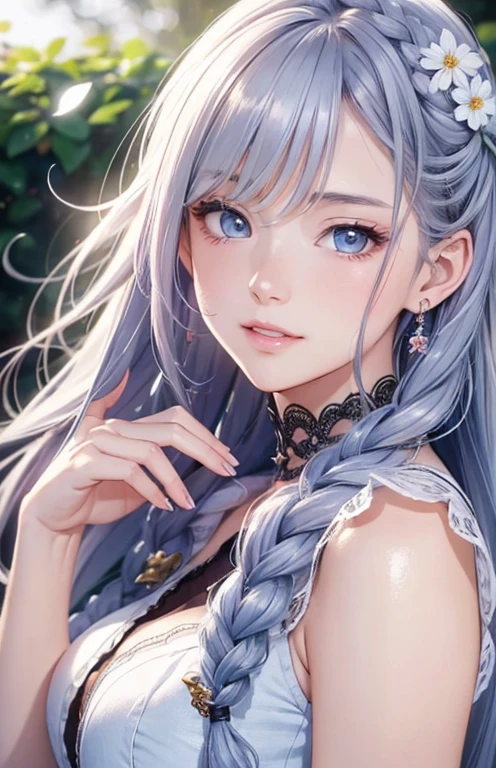 masterpiece、highest quality、High resolution、high quality images、8K, 1 female、skin er、Texture of skin and clothing、Expression of fine eyes、shiny silver hair,Girl with long braided hair, Manga inspired by Lee Jong-suk, trending on deviantart, realism, detailed manga style, manga art style, perfect line drawing, beautiful line drawing, digital manga art girl, K-POPアイドル, dress, beautiful light blue eyes, plump lips, detailed gorgeous face, (cute smile), charm, innocent, Side view, (perfectly detailed face), (fine hands) photorealistic images, Depth of written boundary, Princess Hairstyles, tulip, one piece,wonderful flower garden,美しいtulip,romanticism,