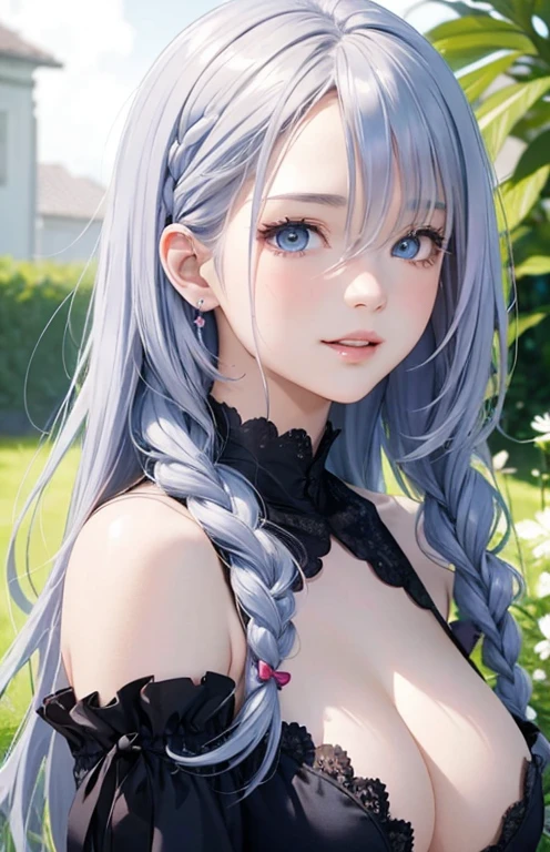 masterpiece、highest quality、High resolution、high quality images、8K, 1 female、skin luster、Texture of skin and clothing、Expression of fine eyes、shiny silver hair,Girl with long braided hair, Manga inspired by Lee Jong-suk, trending on deviantart, realism, detailed manga style, manga art style, perfect line drawing, beautiful line drawing, digital manga art girl, K-POPアイドル, dress, beautiful light blue eyes, plump lips, detailed gorgeous face, (cute smile), charm, innocent, Side view, (perfectly detailed face), (fine hands) photorealistic images, Depth of written boundary, Princess Hairstyles, tulip, one piece,wonderful flower garden，美しいtulip，romanticism,