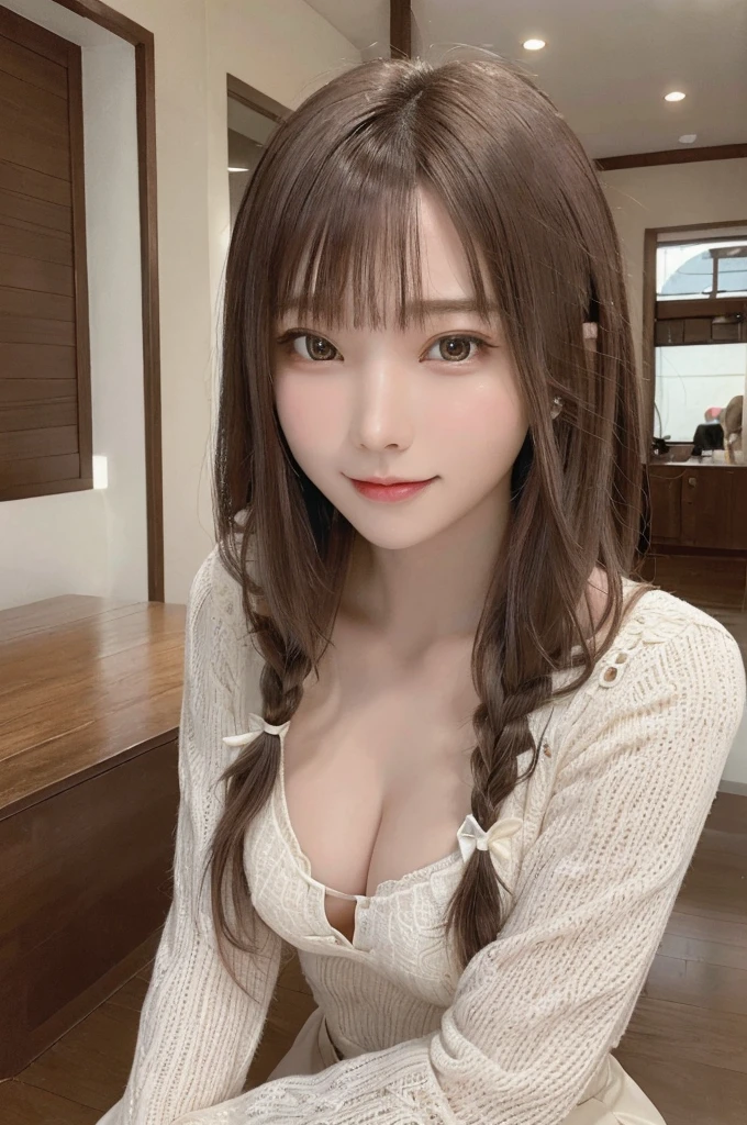 masterpiece, highest quality, High resolution,super detailed, amazingly beautiful woman,1girl girl, (beautiful girl, Delicate girl:1.4),break, (21 years old:1.4), break, Twenties, straight, full body, looking at the viewer, hair ornaments, brown hair, twin braids, bangs, smile