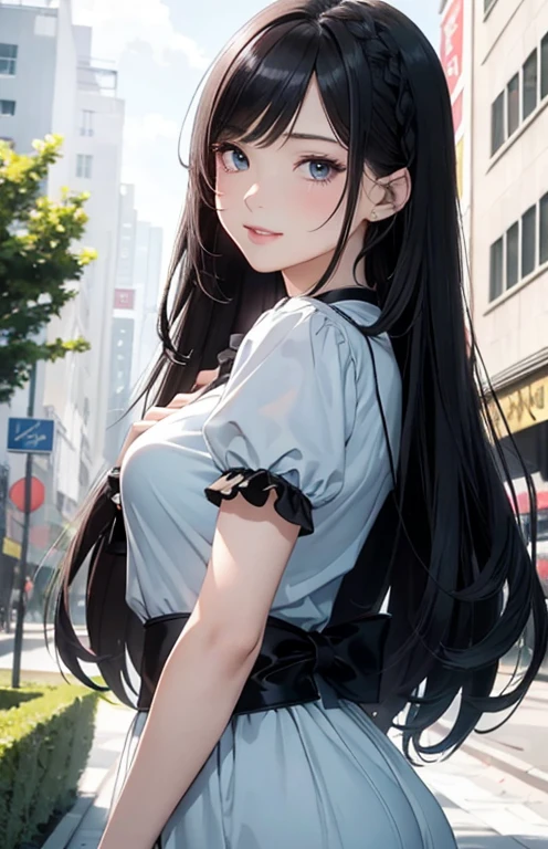masterpiece、highest quality、High resolution、high quality images、8K, 1 female、skin luster、Texture of skin and clothing、Expression of fine eyes、glossy black hair,Girl with long braided hair, Manga inspired by Lee Jong-suk, trending on deviantart, realism, detailed manga style, manga art style, perfect line drawing, beautiful line drawing, digital manga art girl, K-POPアイドル, dress, beautiful light blue eyes, plump lips, detailed gorgeous face, (cute smile), charm, innocent, Side view, (perfectly detailed face), (fine hands) photorealistic images, Depth of written boundary, Princess Hairstyles, tulip, one piece,wonderful flower garden,美しいtulip,romanticism,