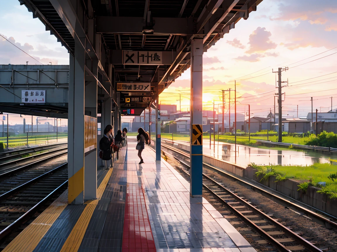 highest quality, beautiful vast plains, Lush, flower, earth, horizon, (Detailed modern station platform with a girl), cumulonimbus, Sunset, sudden rain, eki platform, shinkai makoto