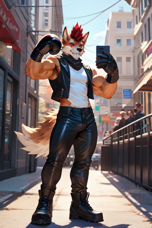 Furry, anthropomorphic wolf, orange fur, red hair, mohawk hairstyle, red eyes, 6'7 and 233, 50" Chest, 21" Shoulders, 17" Biceps, 36" Waist, 25" thighs, 17" calves, 20" back, taking selfie, wearing black leather vest, wearing white t-shirt with sleeves ripped off, wearing black leather pants, wearing black leather boots, wearing black bandana around forehead, wearing Scarlet boxing gloves, smiling, in the city