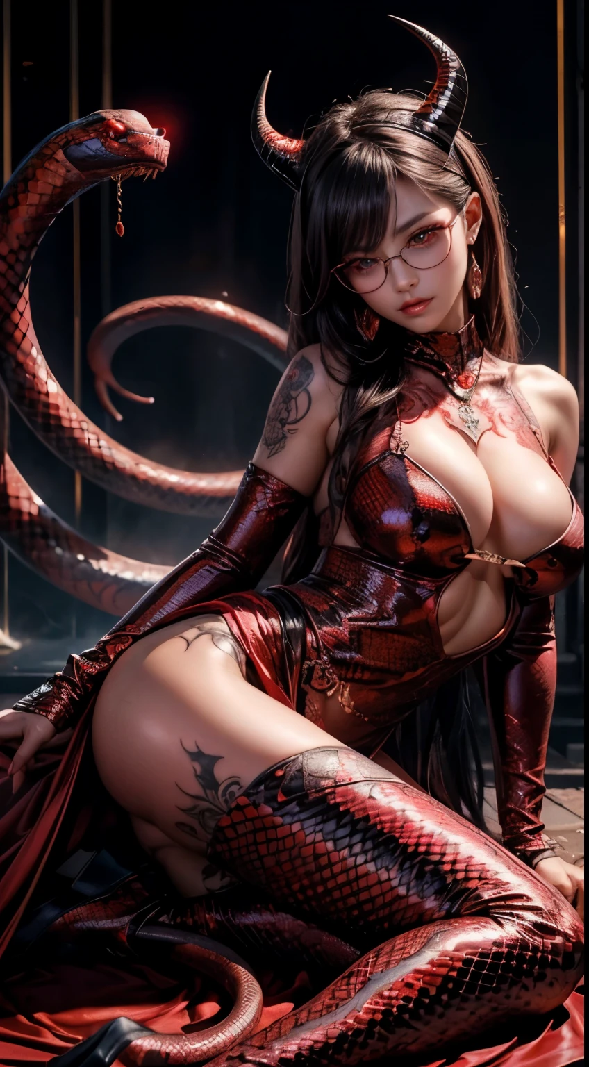 Fine、(The best illustrations)、8k UHD resolution、intricate-detail、top-quality、realisitic、ultra-detailliert、The best lighting、Best Shadows、Soft lighting、Ulutra HD、1 beautiful devil woman from hell, surreal female portraits, sitting spreading legs, Portrait of a seductive woman、Fantasy Art, Chinese Doll、Dungeon、The dragon、Devil's Palace、Devil's Torture Chamber、magia、 Evil Nun、Dark Necromancer、natta、Dark style、Succubus、Devil's Daughter、Umi Shinonome、Bat Wings,(((Demon Horns)))、((((black-rimmed round glasses))))、(((Colossal tits)))、(Devil's Tail)、(red eyes glowing:1.6)、 intricate tattoos, demonic intricate tattoos, thigh tattoos, body tattoos, masterpiece、beautiful face、a baby face、Muscular seductive body、The enchanting body of the devil、Chinese actress、Seductive Black Magic Costume、(((A shiny red snake is wrapped around her body)))、Tindall Effect、photos realistic、(High Detail Skins:1.2)、 (Intricate details, makeup, pureerosface_v1:0.5), (Detailed beautiful delicate face, Detailed beautiful delicate eyes, A perfectly proportioned face, High detailed skin, Detailed skin, best ratio four finger and one thumb, arms below breasts, Tattoo with a red glow under the stomach、Awesome awesome, wide hips, smooth midriff, skiny and thin, __Fashion__, __hair__:1.25)、Digital SLR、hightquality、a picture、hight resolution、 absurderes、Ponytail distortion、1 girl、Red sparkling gemstone necklace、jewely、Beautiful expression、Body Up、Large breasts emphasis、Toned waist、Wide buttocks、Devil's Tail、intricate tattoos, demonic intricate tattoos, thigh tattoos, body tattoos, effect、Photorealsitic、(High Detail Skins:1.2)、In the Dark, lowkey, cowboy lens, (red phoenix dress: 1.0), Seductive Black Magic Costume, Black hair, Bust, Devil's Palace, devil crown, red eyes make up very sharp and detailed, The most beautiful face, Super tight breasts, Breast augmentation surgery, The breasts are very big and round and round, Black magic costume、Super realistic , Charming smile, (spreading legs)