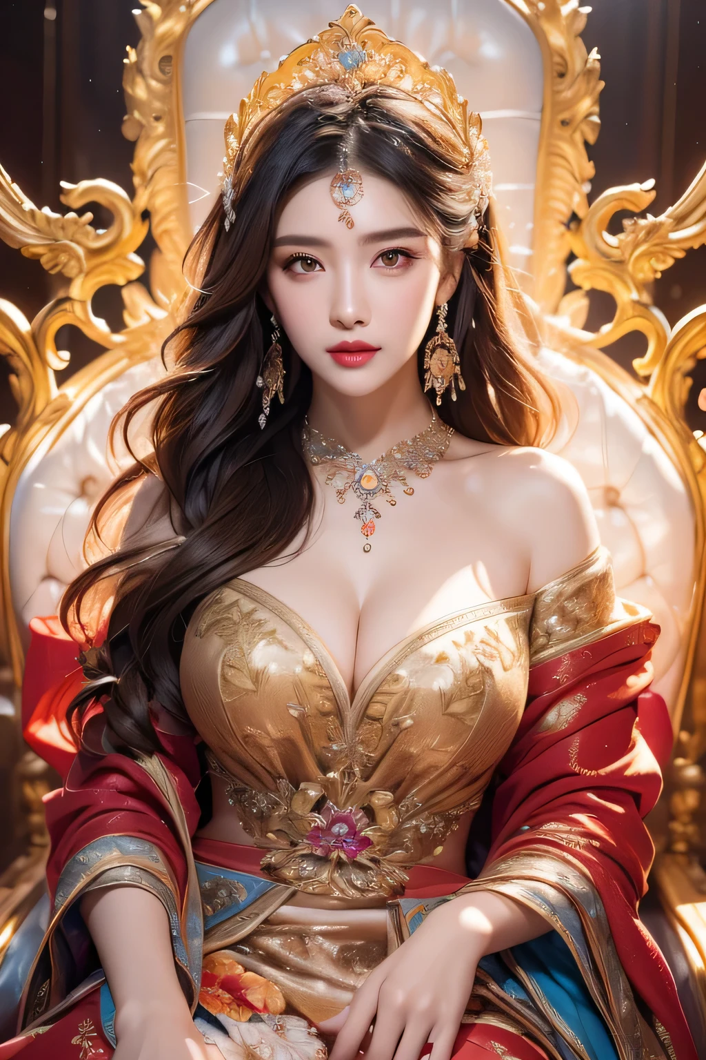 Best quality,Masterpiece, detailed ,Intricate details,Photorealistic, Cinematic lighting,(Fantasy art:1.6), (Cesa:1.1), (frontal:1.2), upright,royal, Majestic, queen, empress,(Huge and magnificent seats:1.4), crown, Frontal close-up, solemnity, throne, upright posture, seriousness, dignity, gaze fixed forward, contemplation, jewels, solo, godlight,1 woman