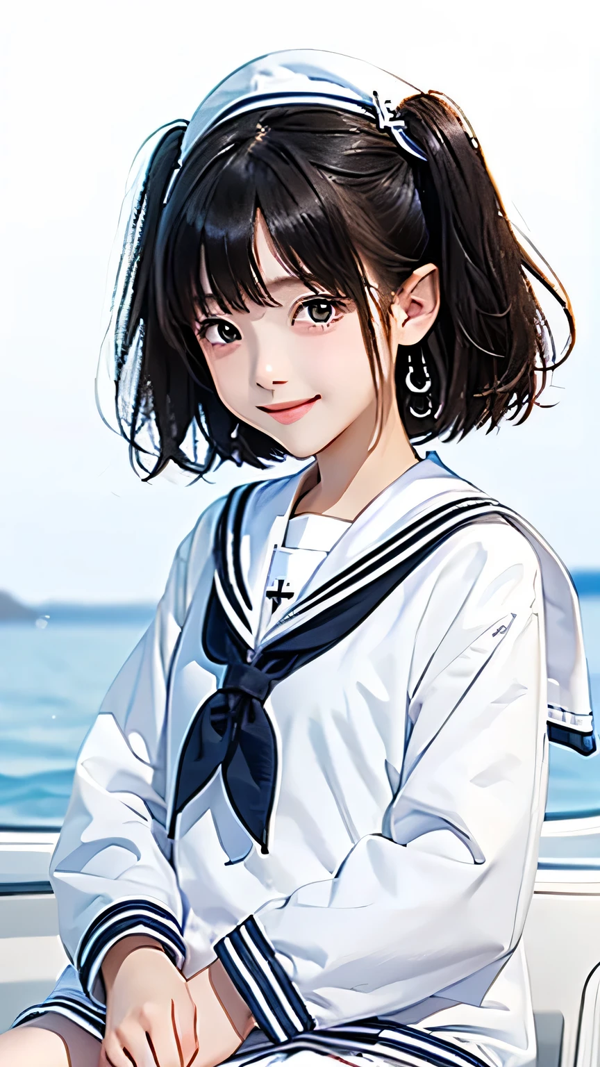 (((Masterpiece))),((top quality)),one beautiful Japanese girl,、young、bangs、wavy hair、(((two side up:1.5)))、short hair、black hair、brown eyes、droopy eyes、smile、(The background is plain)、mini skirt、(white sailor suit:1.5)、barefoot