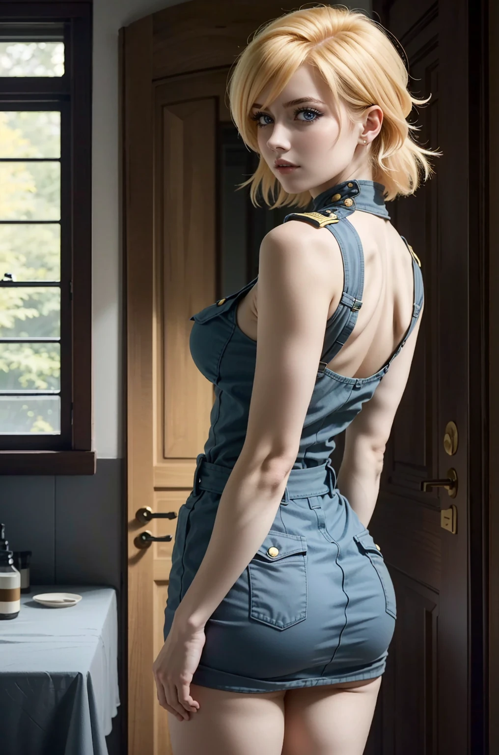 ((ultra detailed, masterpiece, best quality))
 HVictoria, 1girl, solo, blonde hair, blue eyes, military uniform, portrait,  ass, long shot, front view, boob window, breasts, arms behind back