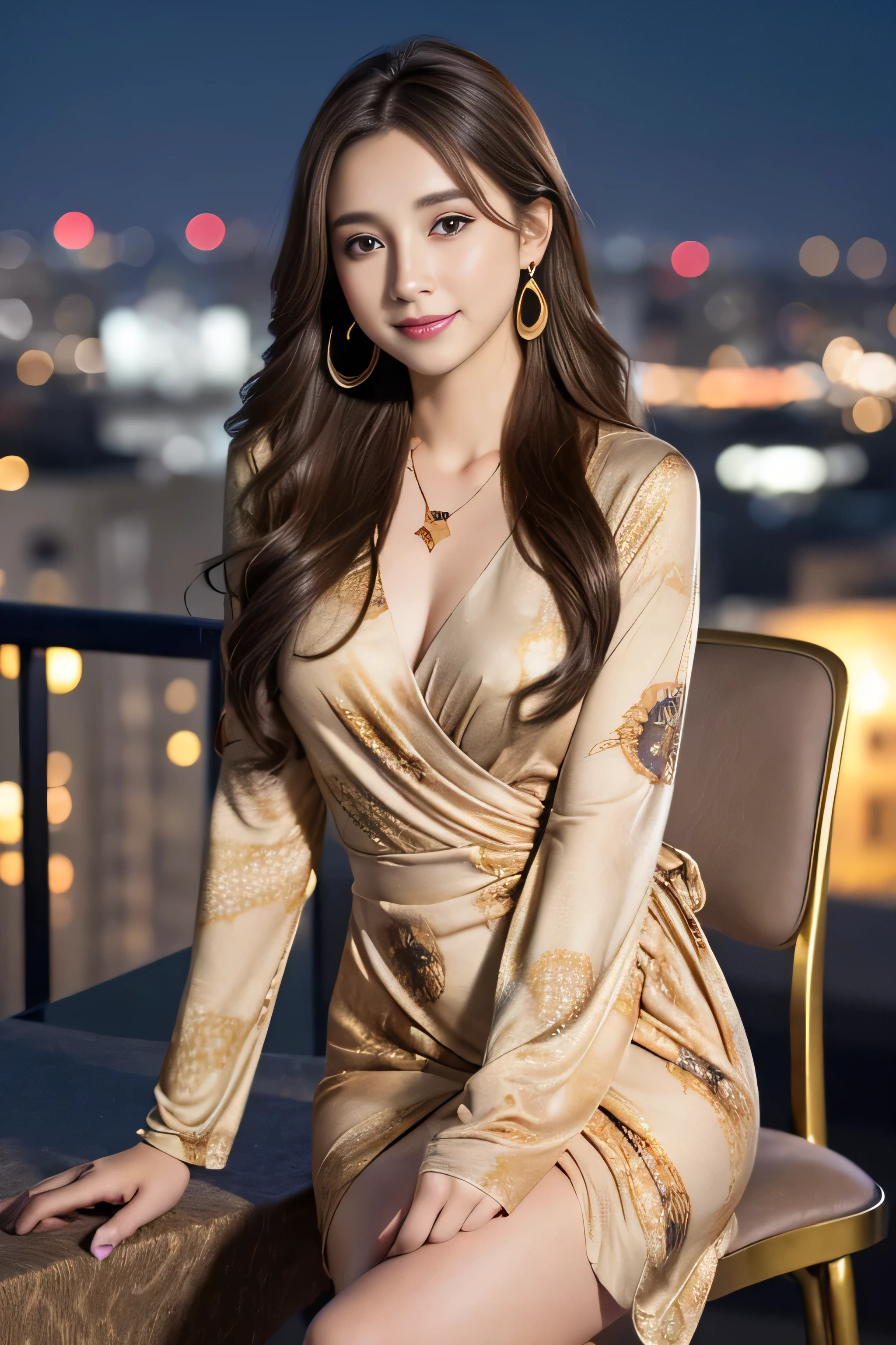 A sneak peek、whole body、field, highest quality, realistic, Super detailed, down to the last detail, High resolution, 4k wallpaper, Beautiful woman,, light brown hair, wore a suit, perfect dynamic composition, beautiful and delicate eyes, delicate hair, Round face model body type、mini skirt、droopy eyes,shy smile,((abstract printed dresses_long sleeve_wrap dress:1.3))、((Super long brown hair:1.2))((Hair with loose waves inside:1.2)),((shy smile:1.3)),((gold necklace_Large earrings:1.2)),fullbody shot、((full figure supermodel standing, entire body in frame))、((sitting on a chair, night view terrace background:1.3)),