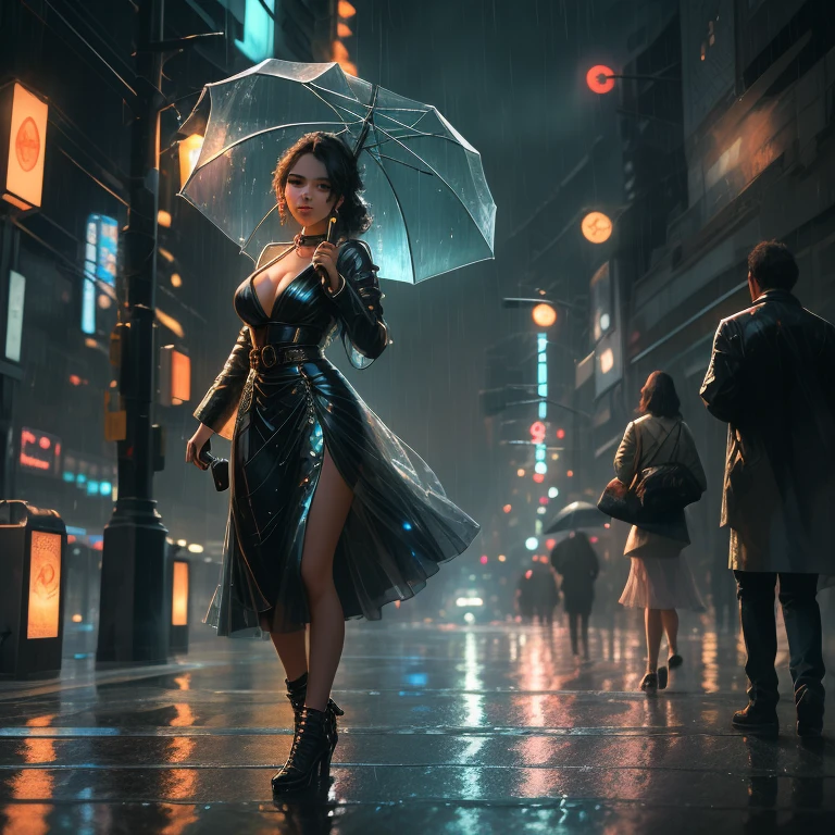 In the midst of a tranquil night, under the soft glows of professional lighting and photon mapping, a 18-year-old girl is captured in an 8K, raw photo of the highest quality. Each detail is meticulously rendered with realistic, photorealistic precision at a 1.37 ratio, accentuating her ethereal beauty. The rain-soaked streets of Radio City provide a captivating backdrop as she stands amidst the night's humid embrace. Her expression showcases a radiant cuteness that easily captivates the heart. With her big, luscious breasts measuring 1.2, she embodies an exquisite masterpiece of