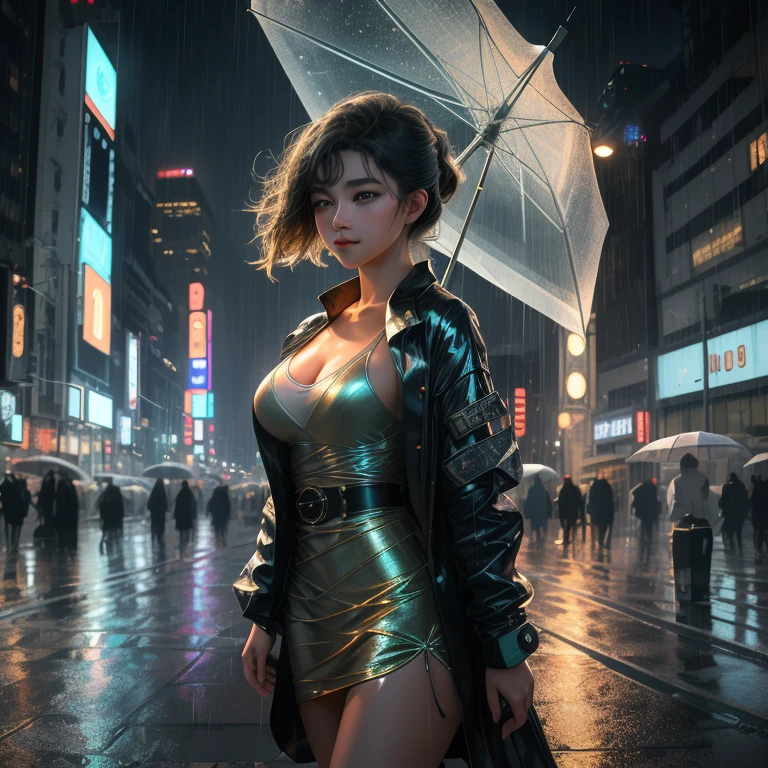 In the midst of a tranquil night, under the soft glows of professional lighting and photon mapping, a 18-year-old girl is captured in an 8K, raw photo of the highest quality. Each detail is meticulously rendered with realistic, photorealistic precision at a 1.37 ratio, accentuating her ethereal beauty. The rain-soaked streets of Radio City provide a captivating backdrop as she stands amidst the night's humid embrace. Her expression showcases a radiant cuteness that easily captivates the heart. With her big, luscious breasts measuring 1.2, she embodies an exquisite masterpiece of