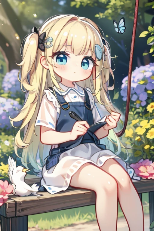 (highres, photo-realistic:1.37), detailed face and expression, cute chubby cheeks, sparkling blue eyes, tousled blonde hair, wearing a vibrant floral dress, sitting on a swing in a blooming garden, surrounded by colorful butterflies and singing birds, gentle sunlight casting a warm glow on her face and creating soft shadows on the ground, Warm colors.