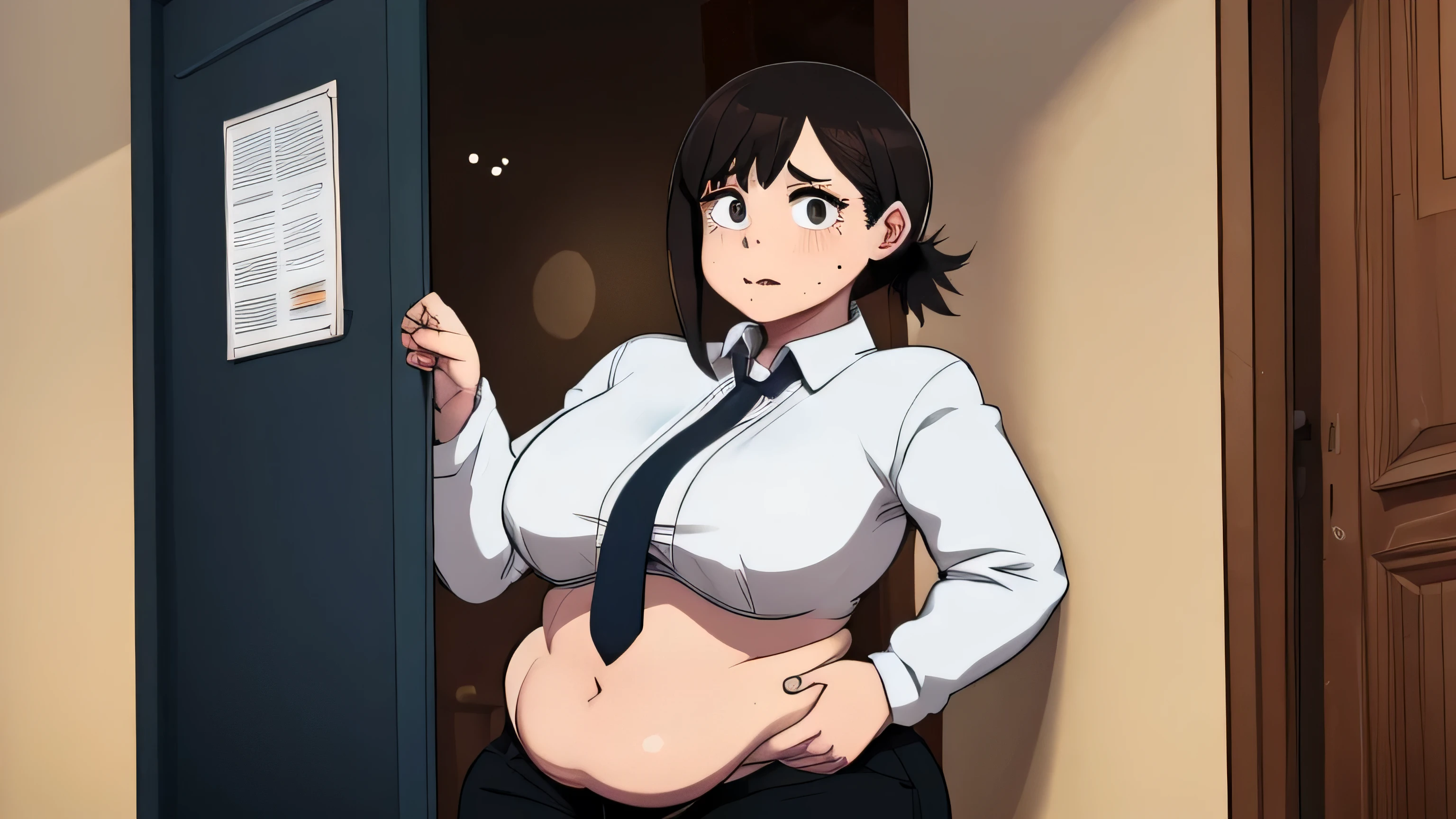 kobeni, obra de arte, 1girl behind a door, de frente, (trancado na porta, frente presa:1.3), quadris largos, coxas grossas, roupas coloridas, envergonhada, wearing a suit and tie and formal pants, chateado , muito gorda, obesa, restaurante, ficando mais gorda, ficando super gorda, 250 kilos de peso
