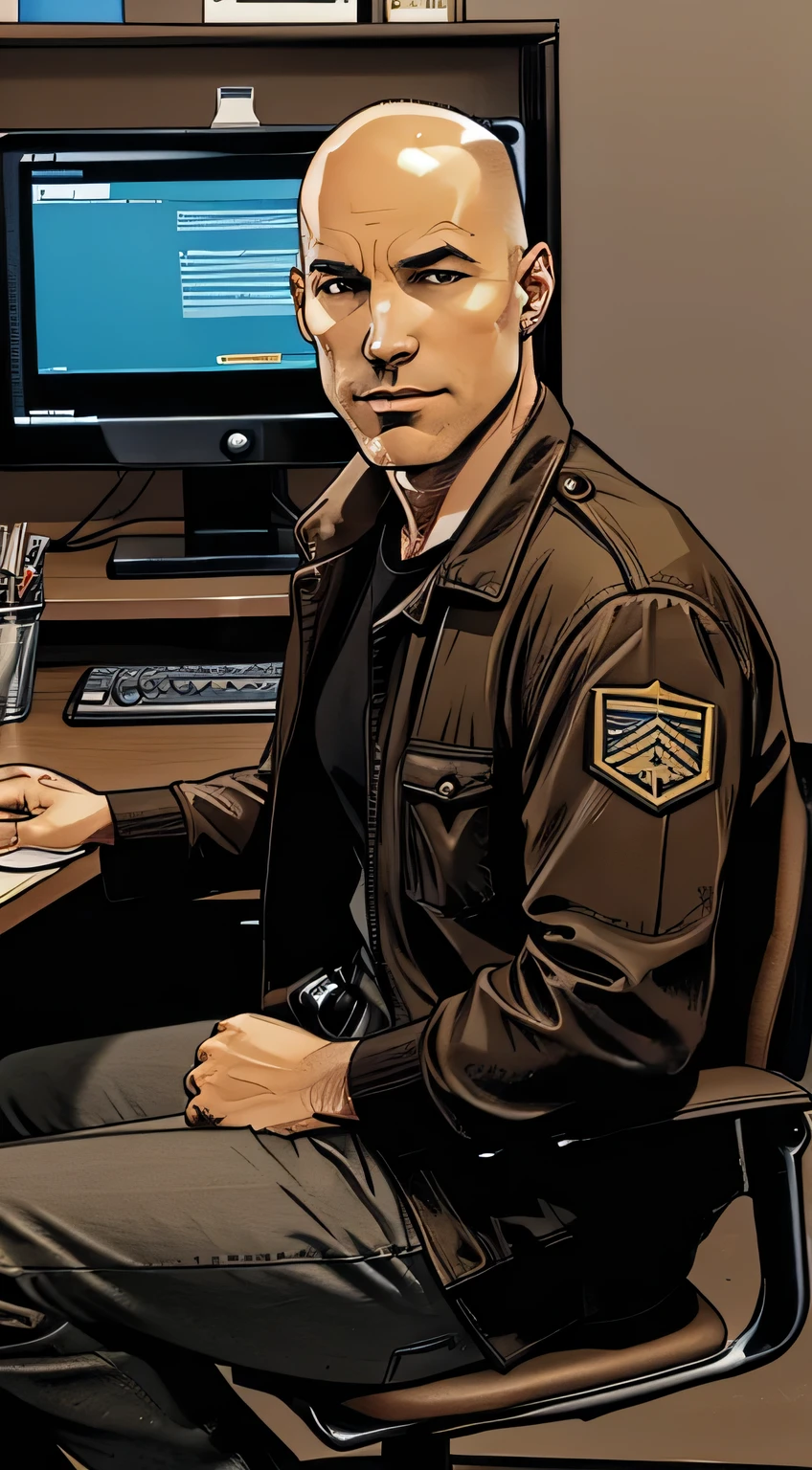 An ftc agent talking to someone while sitting in his office ,he is a middle aged American male with brown eyes and bald head and brown skin