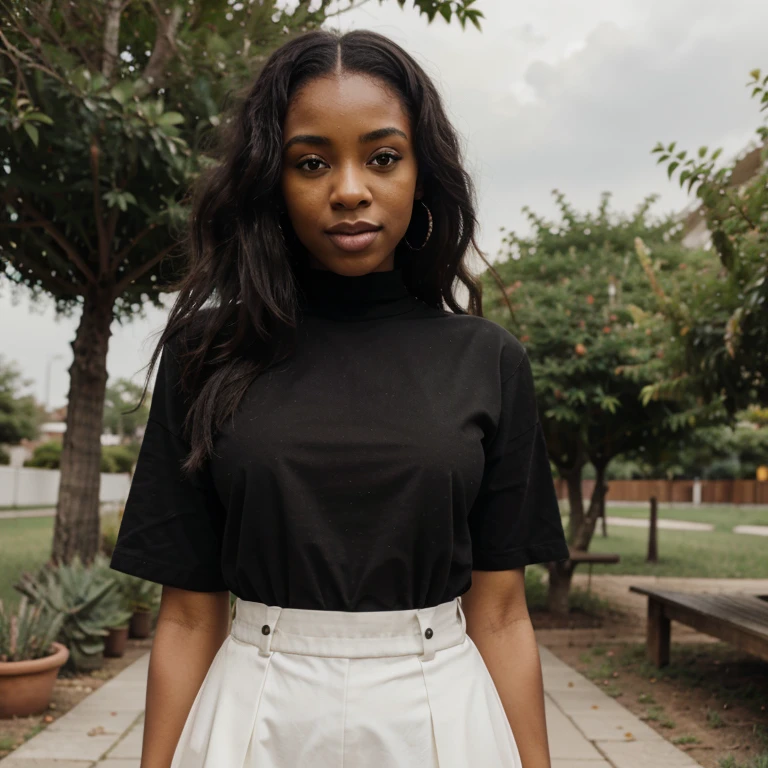 Create a realistic depiction of a 23 year old African lady who is smartly dressed for church. She should be wearing modern, Her outfit should prominently feature green pullneck and white skirt. She should have a very thick build and appear realistic."