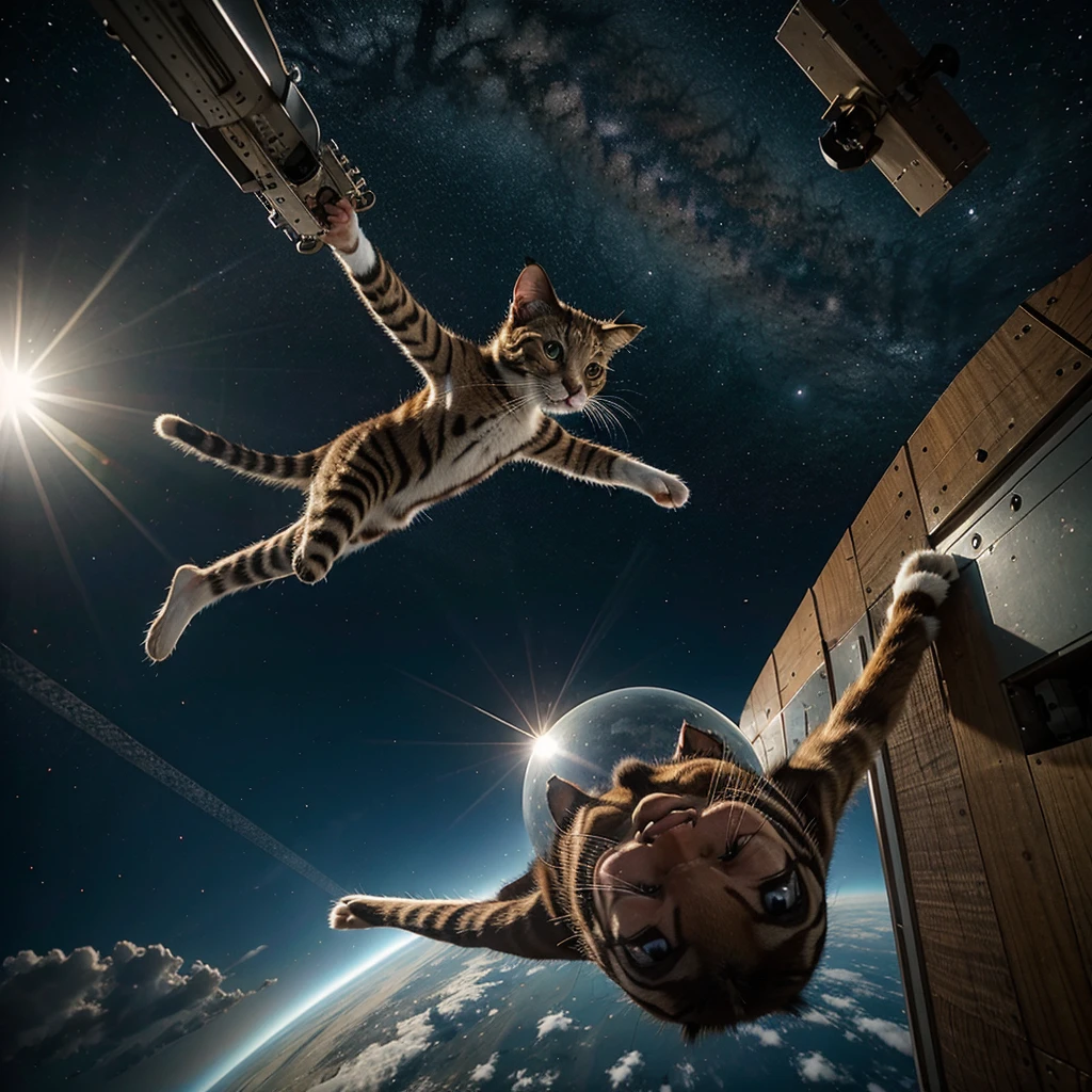 Gato jugando en el espacio volando hacia la tierra