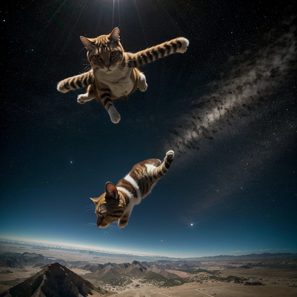Gato jugando en el espacio volando hacia la tierra