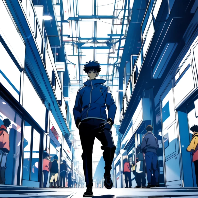 (best quality: 1.5, masterpiece, minimalist, lineart: 1.5, anime), solo: 2, 1 boy, 1 teenager,walking through a pedestrian,crowded, full-body, lineart, itadori yuji