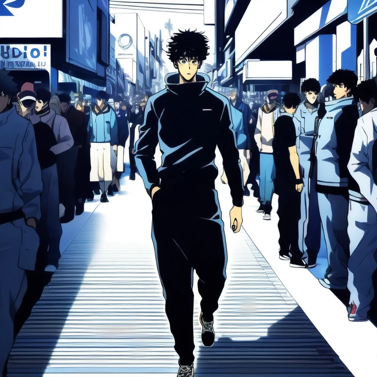 (best quality: 1.5, masterpiece, minimalist, lineart: 1.5, anime), solo: 2, 1 boy, 1 teenager,walking through a pedestrian,crowded, full-body, lineart, itadori yuji