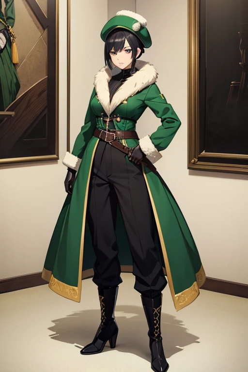 anime picture、full body portrait、Green equestrian costume、A woman in her 30s, standing upright, about 175cm tall, with short black hair and wearing a fur hat、angry face、long pants、gloves、boots、dungeons&dragons
