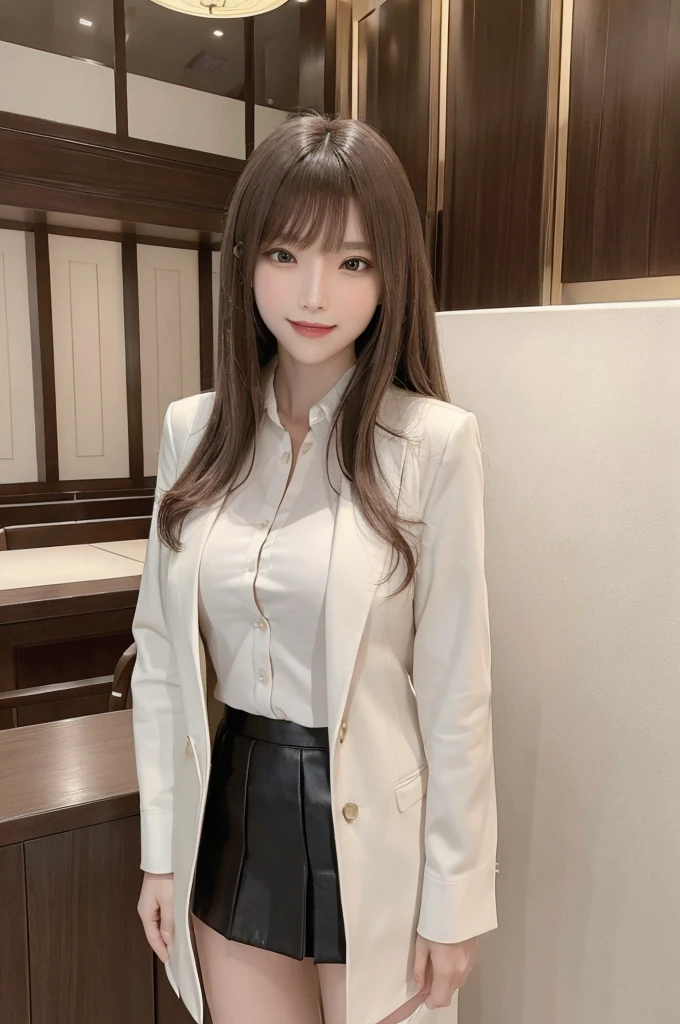 masterpiece, highest quality, High resolution, amazingly beautiful woman, spring fashion, Wearing a coat and blouse, knee length skirt, straight hair, small breasts, natural color lips, smile, luxury hotel, looking at camera, full body shot,The blouse does not expose any skin.,