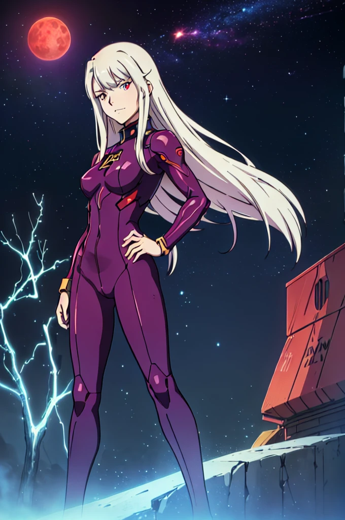 Cartoon photo of woman, Guyver style, SFW version, red eye, bellows tail, cel shade adult animation, serpentine pose,(high resolution, masterpiece, best quality, anime, official art:1.4), amazing fine details, all intricate, gloss and shiny, awesome many layers, 8k wall paper, sketch, illustration, (masterpiece, best quality, masterpiece, best quality, finely detail, beautiful detailed eyes, ultra detailed, extremely beautiful CG, super detailed skin, best quality, intricate, {{high quality}}, extra colors, 2D, megapixel, perfectionism, accent lighting, full HD, 4K, (inspired by :metroid, zone of enders, gundam, death stranding, half life2, glados, fate stay nigh, star blazer 2199 space battleship yamato, mass effect, dead space, death stranding) (((illyasviel_von_einzbern)),1girl, mature female, full body, contrapposto,) (silver hair, red eyes, long hair, beautiful detailed red eyes, weird hair, evil smile, eyelashes, medium_breasts, best quality, beautifully detailed face, can't be this cute, girl on top, delicate facial features, looking_at_viewer, ray tracing, DOF,HDR, hand_on_hip, two_side_up, standing, cowboy_shot,) (yellow suit, yellow pilot suit, yellow jumpsuit, yellow bodysuit, jacket, tactical gear, fully clothed, ) gainax anime style, studio gainax art, studio gainax illustration,inspired by Masamune Shirow, studio gainax, by Masamune Shirow, beautiful charcter from evangelion, (outdoors, (night:1.1), glowing red moon background, planet in background, science fiction background, background, outdoor, space opera background, glowing, red moon, space ship background, space colony background, ilya kuvshinov, official art, futuristic background, colony drop background, space war background, mecha in background, fantasy background,)