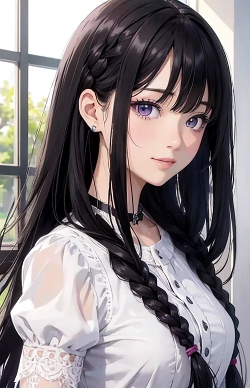 masterpiece、highest quality、High resolution、high quality images、8K, 1 female、skin luster、Texture of skin and clothing、Expression of fine eyes、glossy black hair,Girl with long braided hair, Manga inspired by Lee Jong-suk, trending on deviantart, realism, detailed manga style, manga art style, perfect line drawing, beautiful line drawing, digital manga art girl, K-POPアイドル, dress, beautiful purple eyes, plump lips, detailed gorgeous face, (cute smile), charm, innocent, Side view, (perfectly detailed face), (fine hands) photorealistic images, Depth of written boundary, Princess Hairstyles, tulip, one piece,wonderful flower garden,美しいtulip,romanticism,