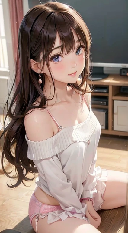 (table top: 1.3), (maximum resolution: 1.2), (Ultra HDTV: 1.2), cinematic light, Ultra HDTV, (fine eyes and skin), (detailed facial features), nffsw, 8K resolution, sharp focus: 1.2, perfect style, beautiful face, perfect body, Accurate, anatomically correct, Highly detailed face and skin texture, fine eyes, dark blue eyes, double eyelid, thin eyebrows, glitter eyeliner: 1.2, natural cheeks, Glossy skin, Fair skin: 1.2, small shiny necklace and earrings, (glossy lips: 1.4), break, one person&#39;point of view, (She is a very cute female teacher..), (Cute pink lace panties), (enchanting smile: 1.2), ((innocent and cute girl:1.3)), (long wavy hair), (light brown hair:1.2),  , break, ((very close relationship: 1.2)), medium big breasts, ((looking at the viewer:1.2)), ((library 1.2)), ((Bend your knees and spread your legs wide:1.2)), (From the side:1.2),low angle shot,off shoulder sweater　tight jeans mini skirt　embarrassed look　Kamimei