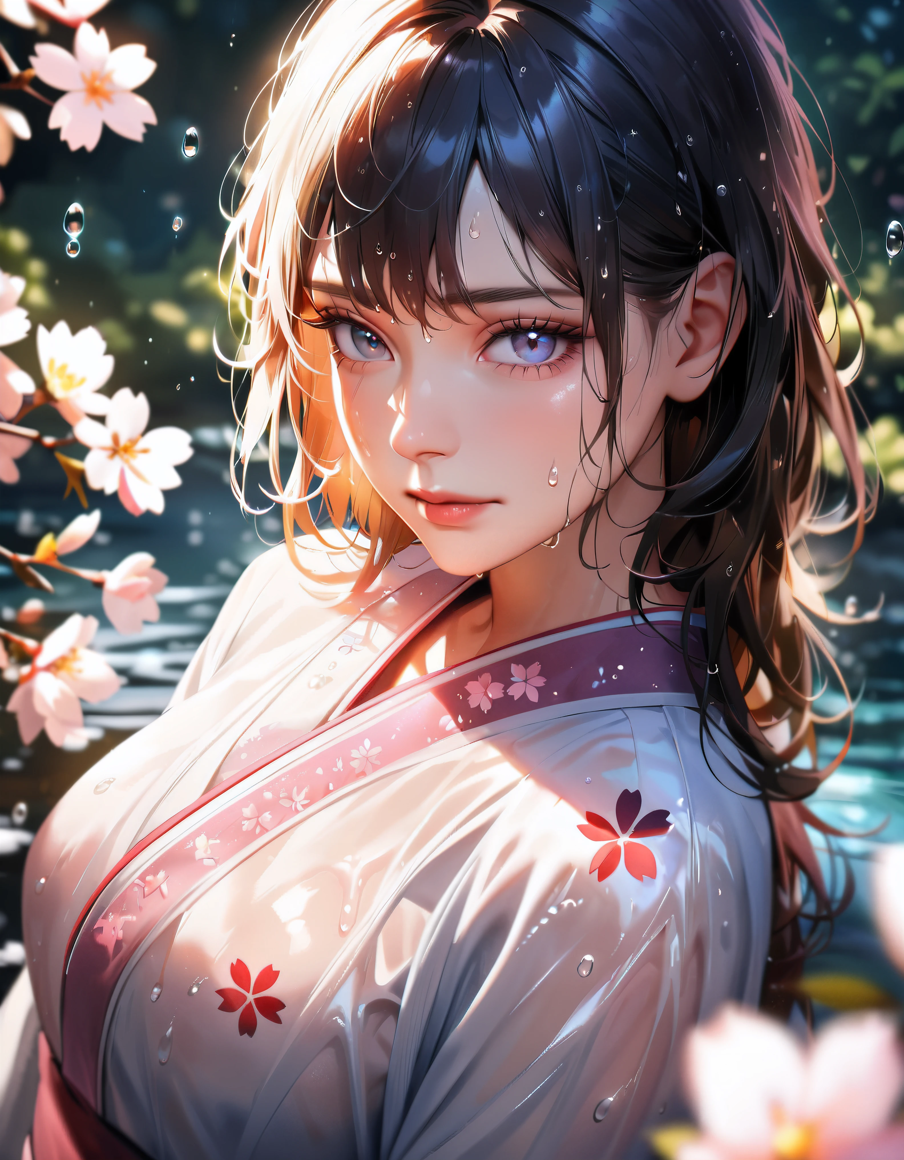 (best quality,highres,ultra-detailed,realistic:1.37),1 girl, (7 years old girl), beautiful detailed eyes,beautiful detailed lips,(wet, wet body, wet hair, wet skin, very wet kimono, reflection on the wet kimono, delicate cherry blossom embroidery, subtle water droplets), (Cloth kimono, best kimono wrinkle, Transparent mucus wrapping), Voluminous hair, soft lighting, (portraits), vivid colors, calm expression, look at viewer, peaceful scenery, clean and fresh feeling