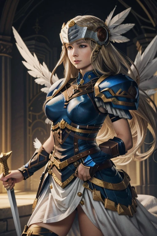 (masterpiece, highest quality) valkyrieプロフィールレネス, 1 girl, long hair, blue eyes, blonde hair, holding, arms, wing, focus only, sword, holding arms, armor, bird, holding sword, Helmet, feather, shoulder armor, feathered wing, pauldron, angel wing, breastplate, armored dress, winged Helmet, valkyrie