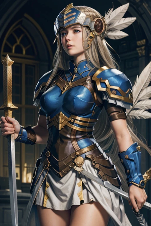 (masterpiece, highest quality) valkyrieプロフィールレネス, 1 girl, long hair, blue eyes, blonde hair, holding, arms, wing, focus only, sword, holding arms, armor, bird, holding sword, Helmet, feather, shoulder armor, feathered wing, pauldron, angel wing, breastplate, armored dress, winged Helmet, valkyrie