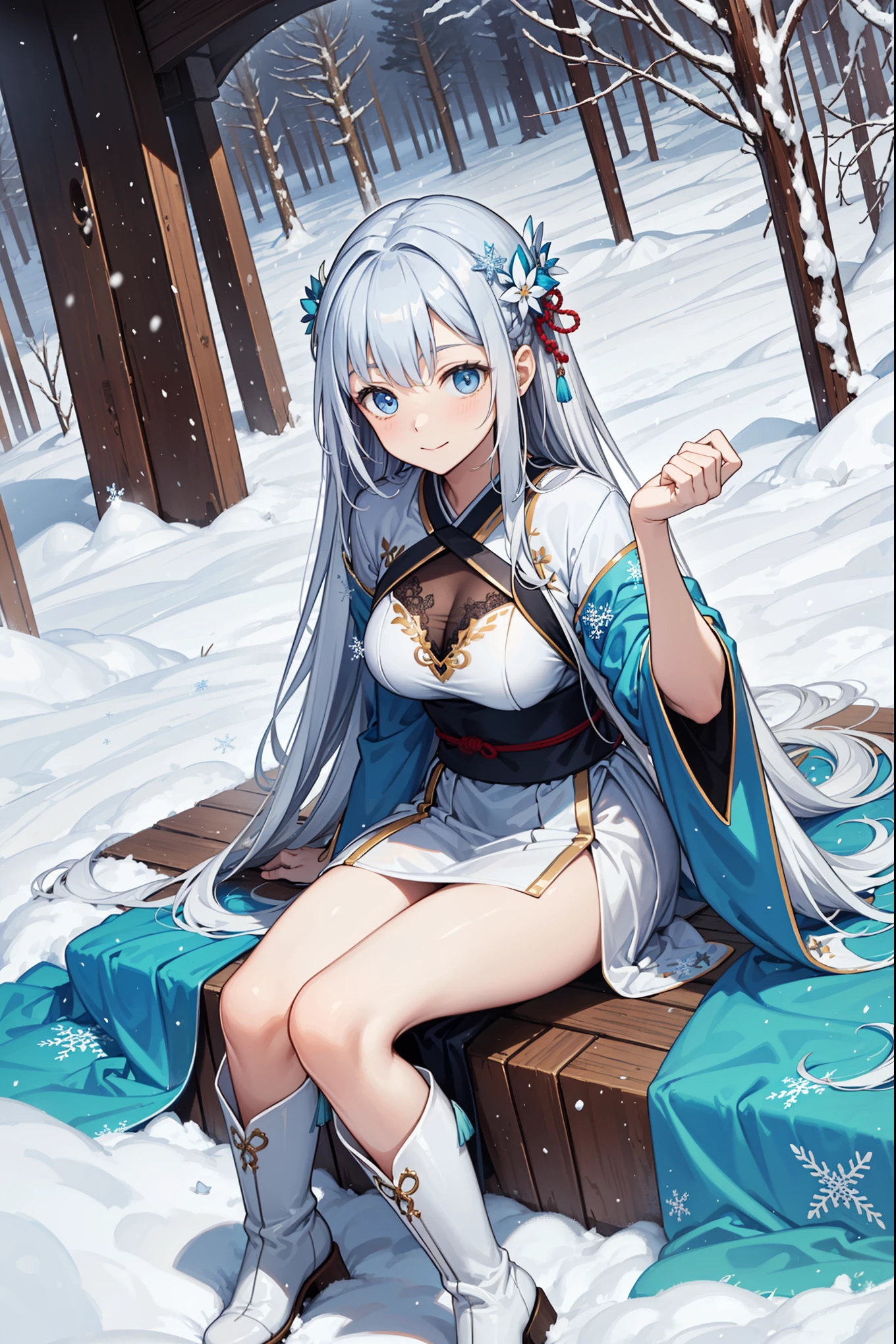 saints,Attractions,having fun,in love,(Western magic white dress),silver hair,blue eyes,Suitable for transparent clothes,Decoration of saints,Sky blue cloth,Snowflake pattern,Sky blue pattern,snowy night,Transparent lace,exquisite clothing,sitting position,the only person,Japanese garden,(night:1.1),Heavy snow,snowflakes flying,(Long suspender boots:1.1),Exquisite and beautiful face,sitting position